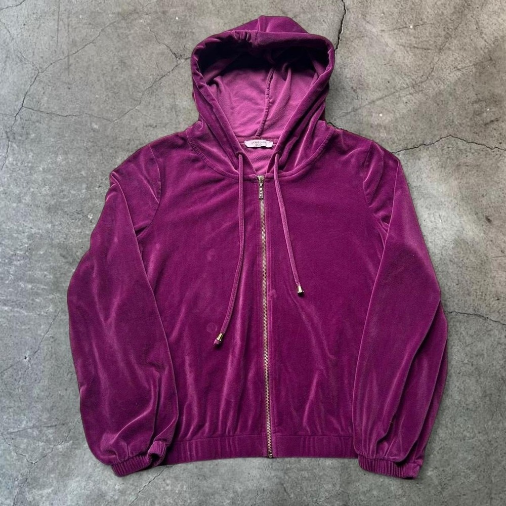 Cable & Gauge Studio Womens Purple Velour Full Zip Hoodie Y2K Rhinestone Jacket
